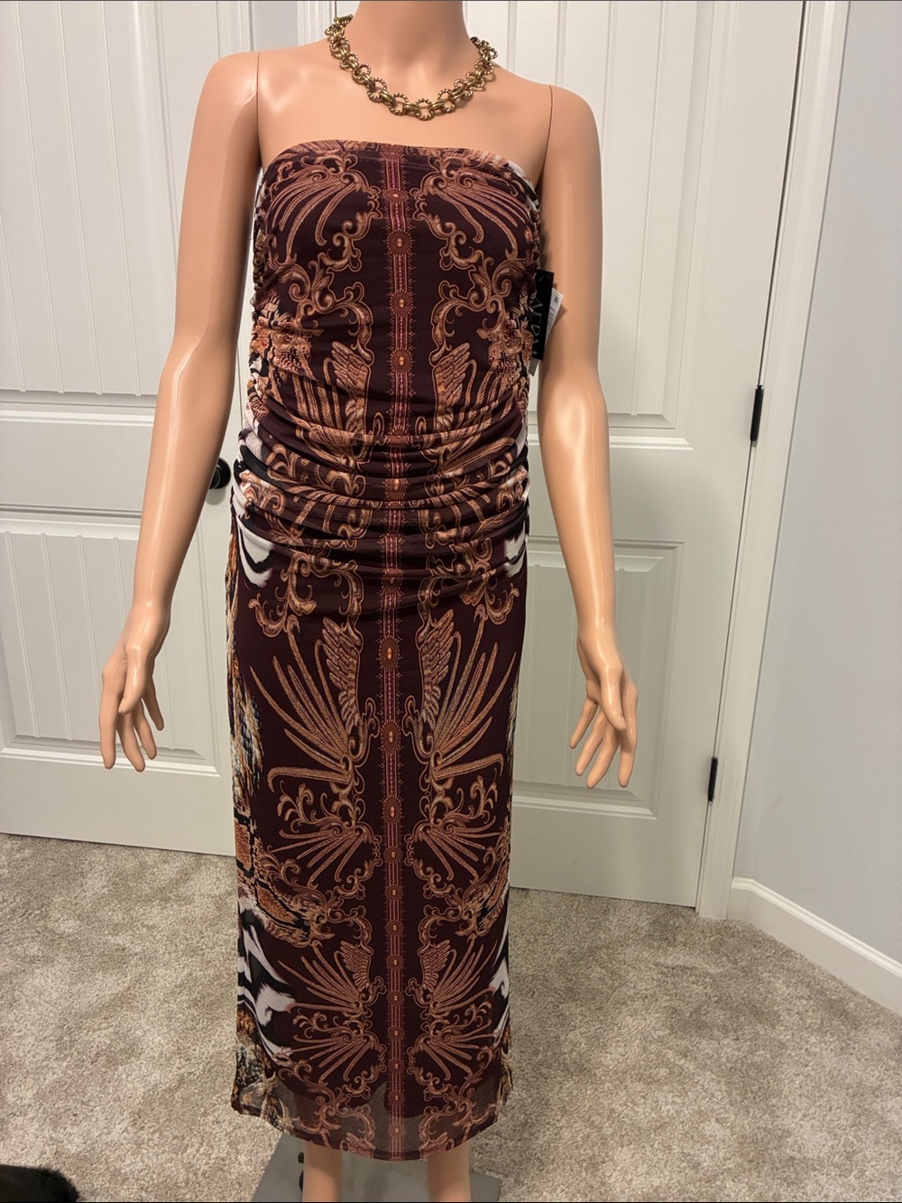 AFRM Strapless Brown & Gold Printed Ruched Midi Dress